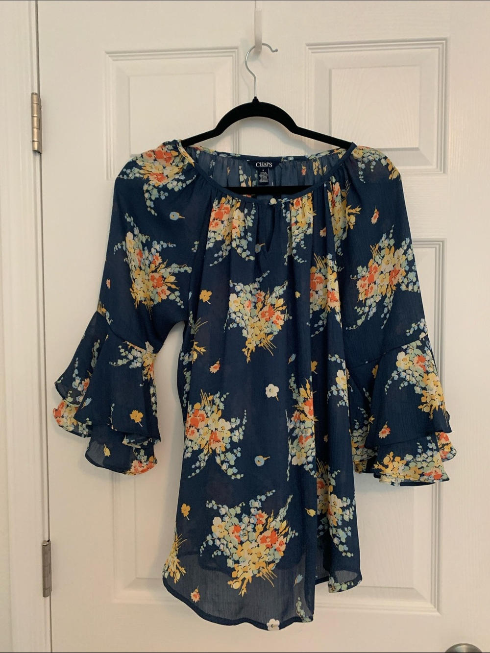 Chaps Navy Floral Ruffle Sleeve Blouse